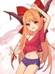 Rule 34 | 1girl, :d, absurdres, alternate costume, arm up, black bra, black shorts, bow, bra, cowboy shot, hair bow, highres, horn ornament, horn ribbon, horns, ibuki suika, index finger raised, long hair, looking at viewer, navel, oeyama, open mouth, orange eyes, orange hair, red bow, ribbon, short sleeves, shorts, smile, solo, standing, touhou, underwear, white background, wide sleeves