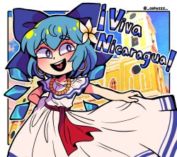 Rule 34 | 1girl, ashyzzz, blue eyes, blue hair, cirno, dress, earrings, fairy wings, granada (nicaragua), highres, ice, ice wings, jewelry, necklace, nicaragua, red sash, sash, short hair, smile, solo, touhou, white dress, wings