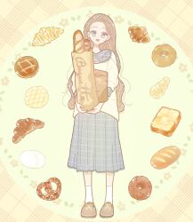 Rule 34 | 1girl, :d, ankle socks, bag, baguette, blouse, border, bread, brown border, brown footwear, brown hair, carrying, commentary request, croissant, doughnut, flower (symbol), food, frilled shirt collar, frilled skirt, frills, full body, green background, grey eyes, grey skirt, groceries, highres, holding, long hair, looking at viewer, messy hair, necono naco, open mouth, original, paper bag, plaid border, pleated skirt, round image, shirt, shoes, signature, skirt, sleeves past elbows, smile, socks, solo, standing, white socks, yellow shirt