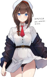 Rule 34 | 1girl, black jacket, black panties, blue eyes, blush, brown hair, closed mouth, clothes lift, commentary request, cowboy shot, dated, dress, gluteal fold, hanako (peanut), highres, jacket, kantai collection, long sleeves, looking at viewer, mingke, necktie, off shoulder, open clothes, open jacket, panties, puffy long sleeves, puffy sleeves, red necktie, shigure (kancolle), simple background, skirt, skirt lift, solo, thighs, underwear, white background, white dress, white headwear