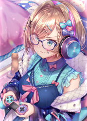 Rule 34 | 1girl, :3, animal, aqua nails, bed, blue dress, bow, braid, breasts, brown hair, cat, chair, coat, commentary request, controller, dress, game controller, gaming chair, glasses, green eyes, hair bow, hair ornament, hairpin, headphones, highres, holding, holding controller, holding game controller, indoors, large breasts, long sleeves, multicolored nails, nail polish, nijisanji, on chair, pink nails, print coat, short hair, sitting, sleeveless, sleeveless dress, solo, space print, starry sky print, suzuhara lulu, suzuhara lulu (5th costume), swept bangs, swivel chair, tenton (henatyo), virtual youtuber, x hair ornament