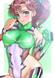 Rule 34 | 1girl, absurdres, arion canvas, bare shoulders, bishoujo senshi sailor moon, breasts, brown hair, circlet, covered navel, earrings, elbow gloves, flower earrings, gem, gloves, green eyes, green gemstone, hair bobbles, hair ornament, highres, jewelry, large breasts, lips, medium hair, ponytail, sailor jupiter, sidelocks, simple background, smile, solo, taimanin suit, white background