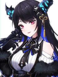 Rule 34 | 1girl, asymmetrical horns, bare shoulders, beescuit, bird, black hair, blue hair, breasts, colored inner hair, crow, crystal horns, demon horns, fur trim, hair ornament, highres, hololive, hololive english, horns, large breasts, long hair, looking at viewer, mole, mole under eye, multicolored hair, nerissa ravencroft, nerissa ravencroft (1st costume), red eyes, shadow (nerissa ravencroft), smile, solo, two-tone hair, uneven horns, upper body, virtual youtuber