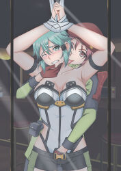 2girls alternate_costume aqua_eyes aqua_hair armband armpits arms_up bar_stool bare_shoulders bdsm belt beret black_shorts blush bodysuit bondage bound bound_wrists breast_press breasts cleavage clenched_teeth collarbone commentary_request commission cowboy_shot fingering freckles glass gloves green_eyes hair_between_eyes hair_ornament hairclip hand_in_another&#039;s_pants hand_on_another&#039;s_chin hat highres large_breasts licking licking_another&#039;s_neck lisbeth_(sao) looking_at_viewer medium_breasts mirror multiple_girls one_eye_closed pink_eyes pink_hair pixiv_commission pussy_juice pussy_juice_drip_through_clothes red_gloves reflection restrained saliva short_hair short_shorts shorts sinon stool sweat sword_art_online tears teeth teto0315 variant_set yuri