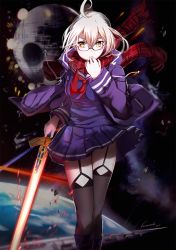 Rule 34 | 1girl, artoria pendragon (fate), bad id, bad pixiv id, battle, black-framed eyewear, black footwear, black thighhighs, blonde hair, blue shirt, blue skirt, blurry, blurry background, boots, closed mouth, coat, crossover, death star, debris, depth of field, earth (planet), energy sword, explosion, fate/grand order, fate (series), garter straps, glasses, glowing, glowing sword, glowing weapon, highres, holding, holding sword, holding weapon, knee boots, kosumi, long sleeves, looking at viewer, miniskirt, mysterious heroine x alter (fate), mysterious heroine x alter (first ascension) (fate), neckerchief, open clothes, open coat, plaid, plaid scarf, planet, pleated skirt, purple coat, red neckerchief, red scarf, scarf, serious, shirt, short hair, signature, skirt, solo, star wars, sword, thighhighs, weapon, yellow eyes, zettai ryouiki