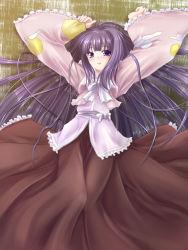 Rule 34 | 1girl, arms up, blush, female focus, from above, hair spread out, highres, houraisan kaguya, japanese clothes, long hair, looking at viewer, lying, negamaro, on back, purple eyes, purple hair, solo, touhou, very long hair, wide sleeves