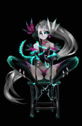 Rule 34 | 1girl, black background, female focus, full body, kaida michi, league of legends, long hair, looking at viewer, simple background, sitting, smile, solo, spread legs, thighhighs, very long hair, zyra