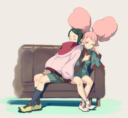 Rule 34 | 2girls, afro puffs, asticassia school uniform, black hair, black socks, chuatury panlunch, closed eyes, closed mouth, couch, full body, green jacket, green shorts, gundam, gundam suisei no majo, hand on own cheek, hand on own face, highres, holding, holding phone, hood, hooded jacket, jacket, unworn jacket, long sleeves, looking at phone, multiple girls, nika nanaura, on couch, phone, pink eyes, pink hair, pink jacket, school uniform, shoes, short hair, shorts, sitting, sleeping, socks, sun 4x3