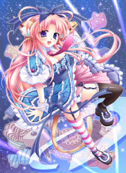 Rule 34 | 1girl, absurdres, animal ears, blue eyes, bow, breasts, candy, cat ears, cat tail, chocolate, chocolate bar, cleavage, evemoina, food, hair bow, highres, lolita fashion, long hair, medium breasts, necktie, original, panties, pink hair, popsicle, solo, star (symbol), striped clothes, striped thighhighs, sweet lolita, tail, thighhighs, underwear, wafer stick, wrist cuffs