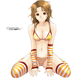 Rule 34 | 1girl, between legs, bra, breasts, brown hair, character request, cleavage, closed mouth, collarbone, dated, detached sleeves, full body, hand between legs, long hair, looking at viewer, medium breasts, panties, ryouzou, signature, simple background, sitting, solo, striped bra, striped clothes, striped panties, striped sleeves, striped thighhighs, thighhighs, underwear, underwear only, wariza, white background, yellow eyes