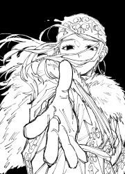 Rule 34 | 1girl, absurdres, ainu, ainu clothes, asirpa, cloak, covered mouth, earrings, floating hair, from below, fur cloak, golden kamuy, greyscale, headband, highres, hoop earrings, jewelry, kome uo, long hair, looking at viewer, monochrome, reaching, reaching towards viewer, simple background, solo, upper body