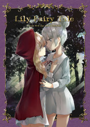 Rule 34 | 2girls, blonde hair, buttons, character name, cinderella, cinderella (grimm), commentary request, cover, cowboy shot, crossover, dress, eye contact, forest, framed image, grey dress, grey eyes, grey hair, grimm&#039;s fairy tales, hair bun, hand on another&#039;s chest, highres, light rays, little red riding hood, little red riding hood (grimm), long hair, looking at another, multiple girls, nature, red hood, red ribbon, ribbon, single hair bun, sunbeam, sunlight, todo-akira, tree, yuri