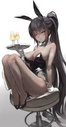 Rule 34 | 1girl, alcohol, animal ears, apopo, aqua bow, aqua bowtie, arm support, arm tattoo, bare arms, bare shoulders, black footwear, black hair, black leotard, blue archive, blush, bow, bowtie, breasts, chair, champagne, cleavage, closed mouth, collar, collarbone, commentary request, cup, dark-skinned female, dark skin, detached collar, drink, drinking glass, fake animal ears, fishnet legwear, fishnet pantyhose, fishnets, from side, full body, glass, gloves, gradient background, hair between eyes, halo, high heels, high ponytail, highleg, highleg leotard, highres, holding, holding tray, karin (blue archive), karin (bunny) (blue archive), knees up, large breasts, legs, legs together, leotard, long hair, looking at viewer, no bra, number tattoo, official alternate costume, pantyhose, playboy bunny, ponytail, rabbit ears, shadow, shoes, shoulder tattoo, side-tie leotard, sidelocks, simple background, sitting, smile, solo, stool, strapless, strapless leotard, tail, tattoo, thighs, traditional bowtie, tray, very long hair, wavy mouth, white background, white collar, white gloves, wrist cuffs, yellow eyes