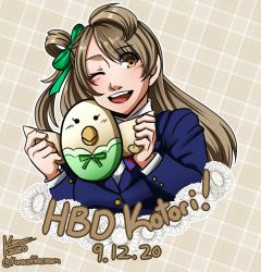 Rule 34 | 1girl, artist name, artist request, bird, blue jacket, blush, bow, breasts, brown eyes, brown hair, collared shirt, female focus, green bow, grey hair, hair bow, highres, holding animal, holding bird, jacket, kona coffee cream, light brown hair, long hair, looking at viewer, love live!, love live! school idol project, minami kotori, minami kotori (bird), one eye closed, parted lips, red bow, school uniform, shirt, side ponytail, smile, solo, striped, striped bow
