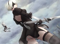 Rule 34 | 1girl, 2020, ass, back cutout, black dress, black thighhighs, breasts, closed mouth, clothing cutout, cloud, cloudy sky, covered eyes, dated, dress, dutch angle, from below, gloves, holding, holding sword, holding weapon, long sleeves, medium breasts, miyai sen, nier (series), nier:automata, panties, short dress, short hair, shoulder blades, silver hair, sky, solo, standing, sword, thighhighs, underwear, weapon, white panties, 2b (nier:automata)