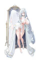 Rule 34 | 1girl, absurdres, arm under breasts, backless leotard, bare shoulders, blush, breasts, dress, full-length mirror, full body, grey eyes, grey hair, hair over one eye, highleg, highleg leotard, highres, huge breasts, leotard, long hair, looking at viewer, mirror, navel, original, p00nipooni, reflection, revealing clothes, simple background, solo, stomach, white background, white dress, white leotard