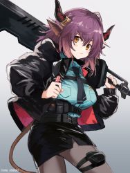 Rule 34 | 1girl, animal ears, arknights, artist request, belt, black jacket, black necktie, black pantyhose, black skirt, blue shirt, breast pocket, brown eyes, collared shirt, cow ears, cow horns, cow tail, dress shirt, gradient background, grey background, highres, holding, holding sword, holding weapon, horns, jacket, long sleeves, looking at viewer, necktie, open clothes, open jacket, over shoulder, pantyhose, pocket, pouch, purple hair, shirt, short hair, sideroca (arknights), skirt, solo, sword, sword over shoulder, tail, thigh pouch, utility belt, weapon, weapon over shoulder