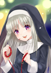 Rule 34 | 1girl, :d, black dress, blood, blood on face, blood on hands, breasts, collar, commentary request, dress, grey hair, habit, holding, holding leash, leash, long hair, long sleeves, looking at viewer, medium breasts, nun, open mouth, original, purple eyes, red collar, smile, solo, sunameri (pixiv3564245), teeth, traditional nun, upper body, upper teeth only, veil, very long hair