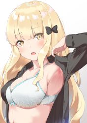 Rule 34 | 1girl, absurdres, armpits, black bow, black shirt, blonde hair, blouse, blush, bow, bra, breasts, bushinofuji, cleavage, collarbone, collared shirt, commentary request, gradient background, grey background, hair bow, highres, large breasts, long hair, long sleeves, looking at viewer, open clothes, open mouth, open shirt, princess connect!, saren (princess connect!), saren (real) (princess connect!), shirt, simple background, solo, sweat, underwear, white background, white bow, white bra, yellow eyes
