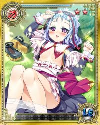 Rule 34 | 1girl, apron, arms up, black dress, blue hair, blush, bucchake (asami), card (medium), clothes lift, clothes pull, convenient censoring, dress, dress lift, flat chest, unworn footwear, knees up, koihime musou, legs, lying, maid, maid headdress, no bra, official art, on back, open clothes, open dress, outdoors, pantyhose, pantyhose pull, purple eyes, ribbon, sash, shoes, unworn shoes, short hair, smile, solo, toutaku, tree, white pantyhose