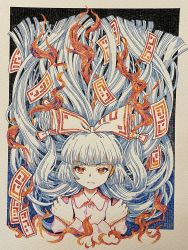 Rule 34 | 1girl, ballpoint pen (medium), blunt bangs, bow, buttons, collared shirt, commentary, crossed arms, fire, fujiwara no mokou, hair bow, hands on own shoulders, highres, hime cut, long hair, long sleeves, looking at viewer, making-of available, ofuda, red bow, red eyes, shirt, sidelocks, socha, solo, suspenders, touhou, traditional media, two-tone bow, upper body, very long hair, white bow, white hair, white shirt