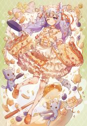 Rule 34 | 1girl, ;3, animal ears, apron, artist name, black choker, blueberry, blunt bangs, bow, bowl, bowtie, braid, bridal garter, cake batter, cat, cat ears, cat girl, cat tail, choker, commentary, cookie, detached sleeves, diamond hair ornament, dress, falling petals, fishnet thighhighs, fishnets, floating, floating object, flower, food, frilled dress, frilled sleeves, frills, fruit, frying pan, full body, green background, hair bow, hair ornament, hairclip, headdress, heart, heart hair ornament, highres, holding, holding frying pan, holding spatula, honey, honey dipper, jewelry, layered dress, leg up, loafers, long hair, looking at viewer, one eye closed, orange bow, orange bowtie, orange footwear, original, pancake, pancake stack, pendant, petals, plate, purple eyes, purple hair, shoes, signature, smile, solo, sparkle, spatula, symbol-only commentary, tail, tail ornament, thighhighs, too many, too many frills, tsukumi bis, twin braids, waist apron, whisk, white apron, white thighhighs, wide sleeves, yellow dress, yellow flower