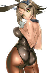 Rule 34 | 10s, 1girl, animal ears, ass, back, back-seamed legwear, backless outfit, bad id, bad pixiv id, bare back, brown hair, dodai shouji, fake animal ears, from behind, kantai collection, leotard, mutsu (kancolle), pantyhose, personification, playboy bunny, rabbit ears, seamed legwear, short hair, simple background, solo, yellow eyes