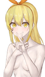 Rule 34 | 1girl, absurdres, blonde hair, breasts, closed mouth, commentary request, cropped torso, facial mark, hair between eyes, highres, lemon irvine, light blush, long hair, mashle, medium breasts, meikaku (meikaku 9), nude, sidelocks, simple background, smile, solo, upper body, v, white background, yellow eyes