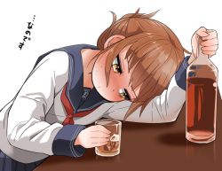 Rule 34 | 1girl, alcohol, anchor symbol, blue skirt, blush, bottle, brown eyes, brown hair, check translation, counter, cup, drinking glass, drunk, folded ponytail, glass bottle, holding, holding bottle, holding cup, holding drinking glass, inazuma (kancolle), kantai collection, koharuko (khrkhrk), liquor, long sleeves, looking at viewer, looking away, neckerchief, pleated skirt, red neckerchief, school uniform, serafuku, skirt, solo, sweat, translation request