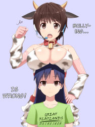 Rule 34 | 10s, 2girls, animal ears, animal print, bell, blue background, blue hair, blush, breast envy, breast rest, breasts, breasts on head, brown eyes, brown hair, cleavage, cleavage cutout, clothes writing, clothing cutout, collar, cow ears, cow horns, cow print, cowbell, elbow gloves, empty eyes, female focus, gloves, hand on own hip, hard-translated, headset, highres, horns, idolmaster, idolmaster (classic), idolmaster cinderella girls, kisaragi chihaya, large breasts, long hair, looking at viewer, midriff, multiple girls, neck bell, oikawa shizuku, open mouth, pun, shirt, short hair, simple background, t-shirt, text focus, third-party edit, translated, unpale