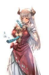 Rule 34 | 10s, 1girl, alicia (granblue fantasy), between breasts, bow (bhp), breasts, center opening, cleavage, cross, cross earrings, draph, earrings, granblue fantasy, horns, jewelry, large breasts, looking down, pointy ears, red eyes, simple background, solo, translation request, underboob, venus earrings, venus symbol, white background