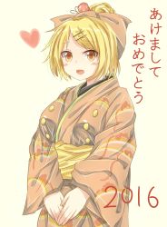 Rule 34 | 10s, 1girl, 2016, akeome, alternate costume, blonde hair, blush, bow, cowboy shot, fangs, hair bow, hair bun, hair ornament, hairclip, happy new year, heart, highres, japanese clothes, kimono, kurodani yamame, looking at viewer, new year, obi, open mouth, own hands together, pikacchi, pink background, sash, short hair, simple background, single hair bun, solo, standing, touhou, v arms, yellow eyes
