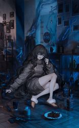 Rule 34 | 1girl, absurdres, bare legs, black hair, blue eyes, blue fire, blue theme, bottle, cake, candle, cup, drawing (object), drinking glass, fire, food, grey sweater, hand up, highres, indoors, lm7 (op-center), long hair, open mouth, original, picture frame, plate, shelf, sitting, slippers, smile, solo, sweater, very long hair, washing machine, wavy hair, wide shot, wooden floor