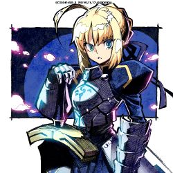 Rule 34 | 1girl, ahoge, armor, armored dress, artoria pendragon (all), artoria pendragon (fate), blonde hair, braid, dress, excalibur (fate/stay night), fate/stay night, fate (series), gauntlets, green eyes, hair ribbon, looking at viewer, lowres, ribbon, saber (fate), sasaki tomomi, short hair, solo, sword, weapon