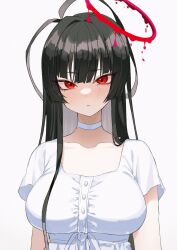 Rule 34 | 1girl, absurdres, alternate costume, antenna hair, bad id, bad pixiv id, black hair, blue archive, blush, breasts, choker, dress, goyain, hair between eyes, halo, highres, large breasts, long hair, looking at viewer, parted lips, red eyes, short sleeves, simple background, solo, tsurugi (blue archive), upper body, white background, white choker, white dress