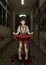 Rule 34 | 1girl, blood, blood on ground, blood on leg, blood on wall, brown hair, closed mouth, clothes lift, collared shirt, commentary request, commission, dark, fluorescent lamp, full body, hairband, hallway, highres, horror (theme), indoors, long hair, looking at viewer, namuta, neck ribbon, night, original, pleated skirt, red eyes, red hairband, red ribbon, red skirt, ribbed socks, ribbon, school, shirt, shoes, short sleeves, skeb commission, skirt, skirt lift, sliding doors, smile, socks, solo, standing, straight-on, straight hair, suspender skirt, suspenders, uwabaki, white footwear, white shirt, white socks, window