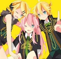 Rule 34 | 1boy, 2girls, absurdres, artist name, blonde hair, blue eyes, bow, bowtie, brother and sister, fang, fur collar, grin, hair ornament, hairclip, headphones, headphones around neck, highres, kagamine len, kagamine rin, megurine luka, multiple girls, one eye closed, remote control (vocaloid), short hair, short ponytail, siblings, smile, symbol-shaped pupils, twins, v, vocaloid, yui (22)