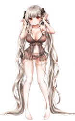 Rule 34 | 1girl, absurdly long hair, absurdres, azur lane, babydoll, bad id, bad pixiv id, black babydoll, blunt bangs, blush, breasts, cleavage, cleft of venus, closed mouth, collarbone, covered erect nipples, formidable (azur lane), full body, garter belt, grey hair, hair ribbon, highres, honyang, large breasts, lingerie, long hair, looking at viewer, navel, negligee, nipples, panties, pussy, rabbit pose, red eyes, ribbon, see-through, sidelocks, simple background, solo, standing, stomach, thighhighs, twintails, two-tone ribbon, underwear, underwear only, very long hair, white background, white thighhighs