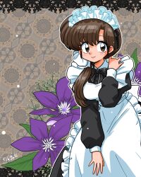 Rule 34 | 1girl, apron, between legs, black bow, black bowtie, black dress, bow, bowing, bowtie, breasts, brown eyes, brown hair, dress, flower, hand between legs, hand on own shoulder, highres, lily (flower), long hair, looking at viewer, maid, maid apron, maid headdress, medium breasts, patterned background, purple flower, ranma 1/2, tendou kasumi, wanta (futoshi), white apron