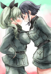 Rule 34 | 10s, 2girls, ^ ^, anchovy (girls und panzer), black hair, blush, braid, breast press, breasts, closed eyes, closed eyes, forehead-to-forehead, from side, girls und panzer, green hair, grin, hair ribbon, hands on own hips, heads together, impossible clothes, impossible jacket, jacket, large breasts, long hair, military, multiple girls, pepperoni (girls und panzer), red eyes, ribbon, short hair, single braid, smile, symmetrical docking, twintails, v-shaped eyebrows, yohane