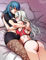 Rule 34 | 2girls, aqua hair, ass, back cutout, bed, blush, breasts, byleth (female) (fire emblem), byleth (fire emblem), cleavage, closed eyes, clothing cutout, dated, edelgard von hresvelg, fire emblem, fire emblem: three houses, heart cutout, hug, pantyhose under shorts, long hair, medium breasts, mina cream, multiple girls, nintendo, panties, pantyhose, parted lips, pillow, purple eyes, red panties, short shorts, shorts, sideboob, silver hair, sleeping, underwear, yuri