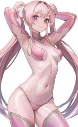 Rule 34 | 1girl, arms behind head, arms up, blush, bodysuit, breasts, closed mouth, commentary request, commission, covered navel, hundred (light novel), kirishima sakura (hundred), lips, long hair, long sleeves, looking at viewer, medium breasts, nyatabe, panties, panties over bodysuit, pink bodysuit, pink hair, pink panties, purple eyes, shiny clothes, sidelocks, simple background, skeb commission, skin tight, smile, thighhighs, turtleneck, twintails, two-tone bodysuit, underwear