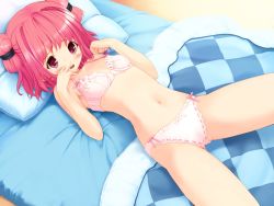 Rule 34 | 1girl, bed, blush, bra, embarrassed, eye contact, flat chest, game cg, hand on own cheek, hand on own face, hinata yuuhi, lingerie, looking at another, lying, narrow waist, on bed, panties, pillow, pink eyes, pink hair, ribbon, ribbon-trimmed underwear, ribbon trim, solo, soshite ashita no sekai yori, stomach, ueda ryou, underwear, underwear only