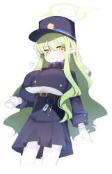Rule 34 | 1girl, alternate breast size, black hat, black shirt, black skirt, blue archive, blush, breasts, closed mouth, cowboy shot, cropped legs, gloves, green hair, green halo, hair between eyes, halo, hat, hikari (blue archive), highres, large breasts, long hair, long sleeves, pantyhose, peaked cap, pleated skirt, pointy ears, retri, shirt, simple background, skirt, solo, white background, white gloves, white pantyhose, yellow eyes