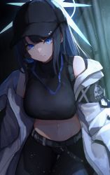 Rule 34 | 1girl, absurdres, armband, bare shoulders, baseball cap, belt, black belt, black hair, black hat, black pants, black shirt, blue archive, blue eyes, breasts, buckle, chest harness, closed mouth, coat, commentary, crop top, groin, halo, hand in pocket, harness, hat, highres, holster, long hair, looking at viewer, medium breasts, midriff, navel, no mask, nodoameyatou, off shoulder, pants, saori (blue archive), shadow, shirt, sleeveless, sleeveless shirt, snap-fit buckle, solo, thigh gap, thigh holster, white coat