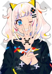 Rule 34 | 1girl, black jacket, blue eyes, blue nails, blunt bangs, commentary request, english text, fingernails, grin, hair ornament, hairclip, hand up, head tilt, highres, jacket, kaguya luna, long sleeves, looking at viewer, mika pikazo, multicolored nails, nail polish, one eye closed, orange nails, pink nails, sharp teeth, signature, sleeves past wrists, smile, solo, teeth, the moon studio, twintails, virtual youtuber, white nails, x