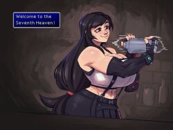 1girl alternate_breast_size bar_(place) bare_shoulders black_gloves black_hair black_skirt black_sports_bra blue_gemstone bracelet breasts cleavage cocktail_shaker crop_top dialogue_box elbow_gloves english_text final_fantasy final_fantasy_vii final_fantasy_vii_remake fingerless_gloves gem gloves green_gemstone highres holding_shaker huge_breasts jewelry long_hair low-tied_long_hair materia midriff muscular muscular_female navel scar scar_on_stomach shaking skirt smile solo sports_bra suspender_skirt suspenders tank_top thedansome tifa_lockhart white_tank_top