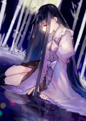 Rule 34 | 1girl, bad id, bad pixiv id, bamboo, bamboo forest, black hair, blouse, bow, bowtie, collar, forest, frilled collar, frills, houraisan kaguya, juliet sleeves, long hair, long sleeves, looking at viewer, moon, nature, night, ookamisama, pink shirt, puffy sleeves, red skirt, reflection, shirt, sitting, sitting on water, skirt, solo, touhou, very long hair, white bow, white bowtie, wide sleeves, yokozuwari