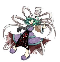 Rule 34 | 1other, androgynous, anmita (rarutos), bone, detached sleeves, ex-sese, green eyes, green hair, hair ornament, japanese clothes, kitsugai sese, len&#039;en, matching hair/eyes, open mouth, outstretched arms, short hair, skull hair ornament, smile, solo