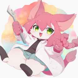 Rule 34 | 1girl, :3, :d, adjustable wrench, animal ears, animal nose, blue skirt, blush, body fur, braid, cat, cat busters, cat ears, cat girl, cat tail, commentary request, ennuiours, furry, furry female, green eyes, holding, holding wrench, lab coat, long hair, looking to the side, neko hakase (cat busters), open mouth, pawpads, pink hair, pleated skirt, simple background, skirt, smile, solo, tail, twin braids, whiskers, white fur, wrench